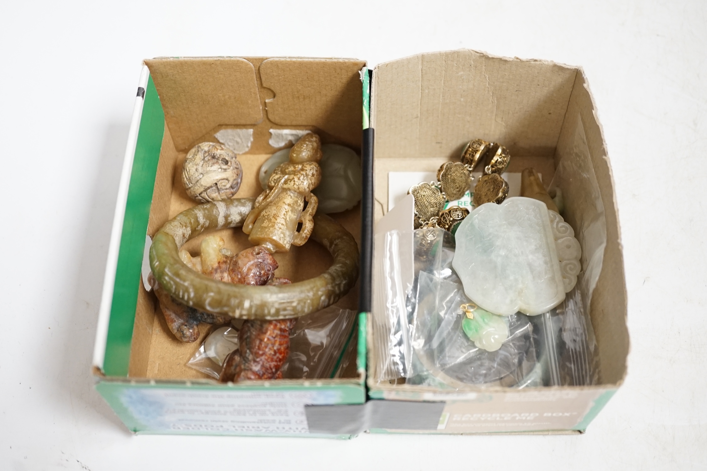 Sixteen Chinese jade and hardstone carvings, including a gilded white metal and jadeite bracelet, three pendants etc. Condition - fair